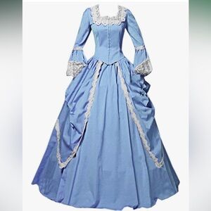 Victorian Colonial Blue White Lace Long Dress Eliza Schuyler Hamilton